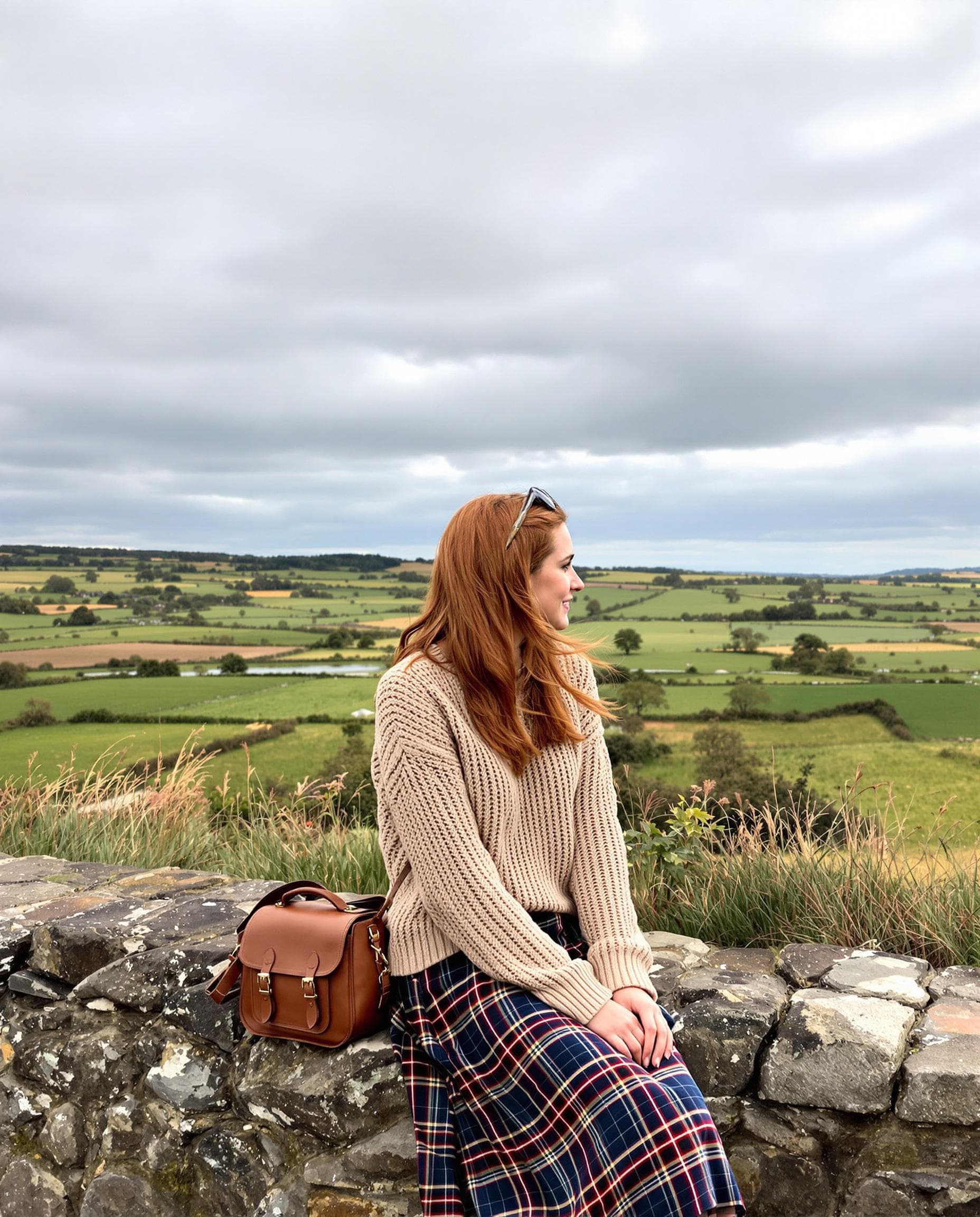 AI generated: The girl sits on a stone wall overlooking a tranquil pasture, her auburn hair shining under a cloudy...