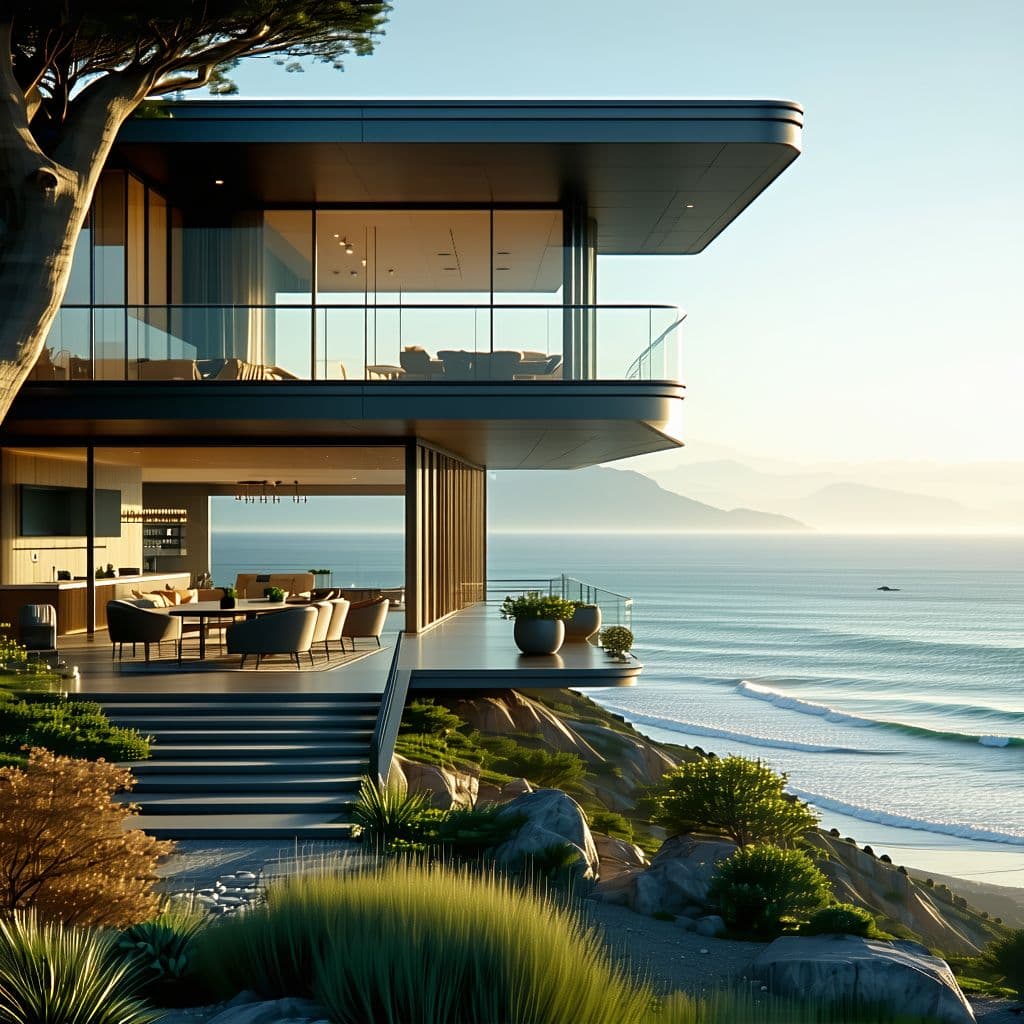 AI generated: Hyper realistic eye level exterior photo of a mid century modern style house overlooking the ocean, ...