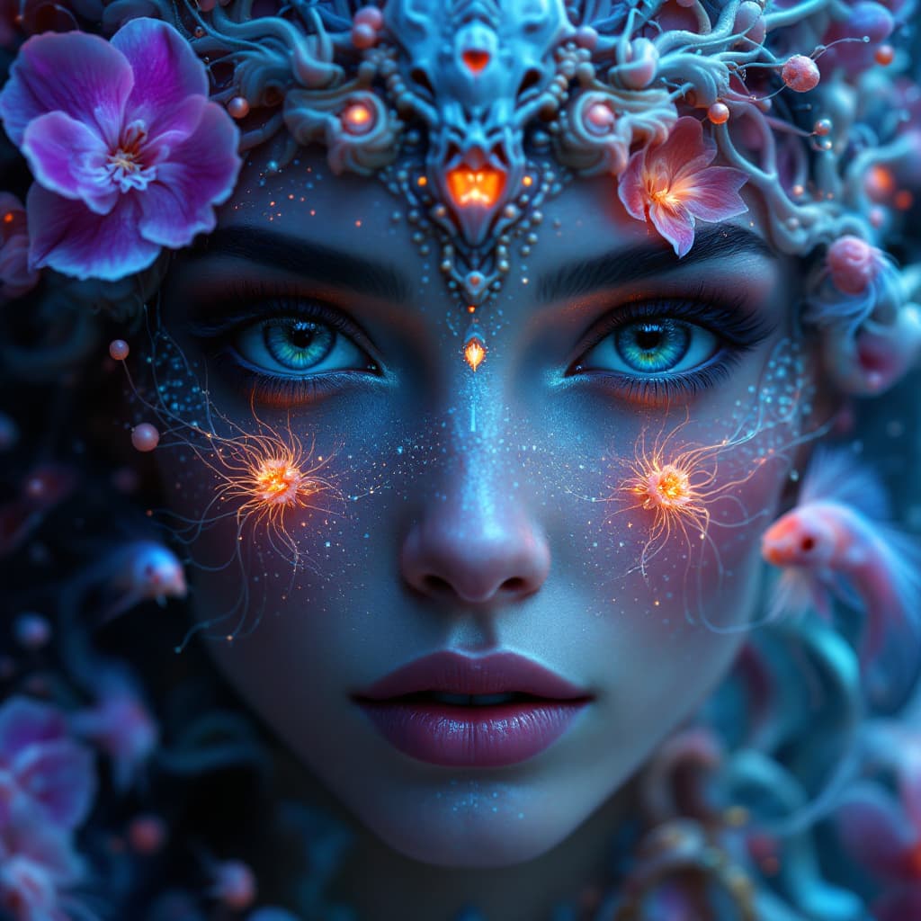 AI generated: Goddess close-up portrait ribcagel. jellyfish phoenix head, nautilus, orchid, skull, betta fish, bio...