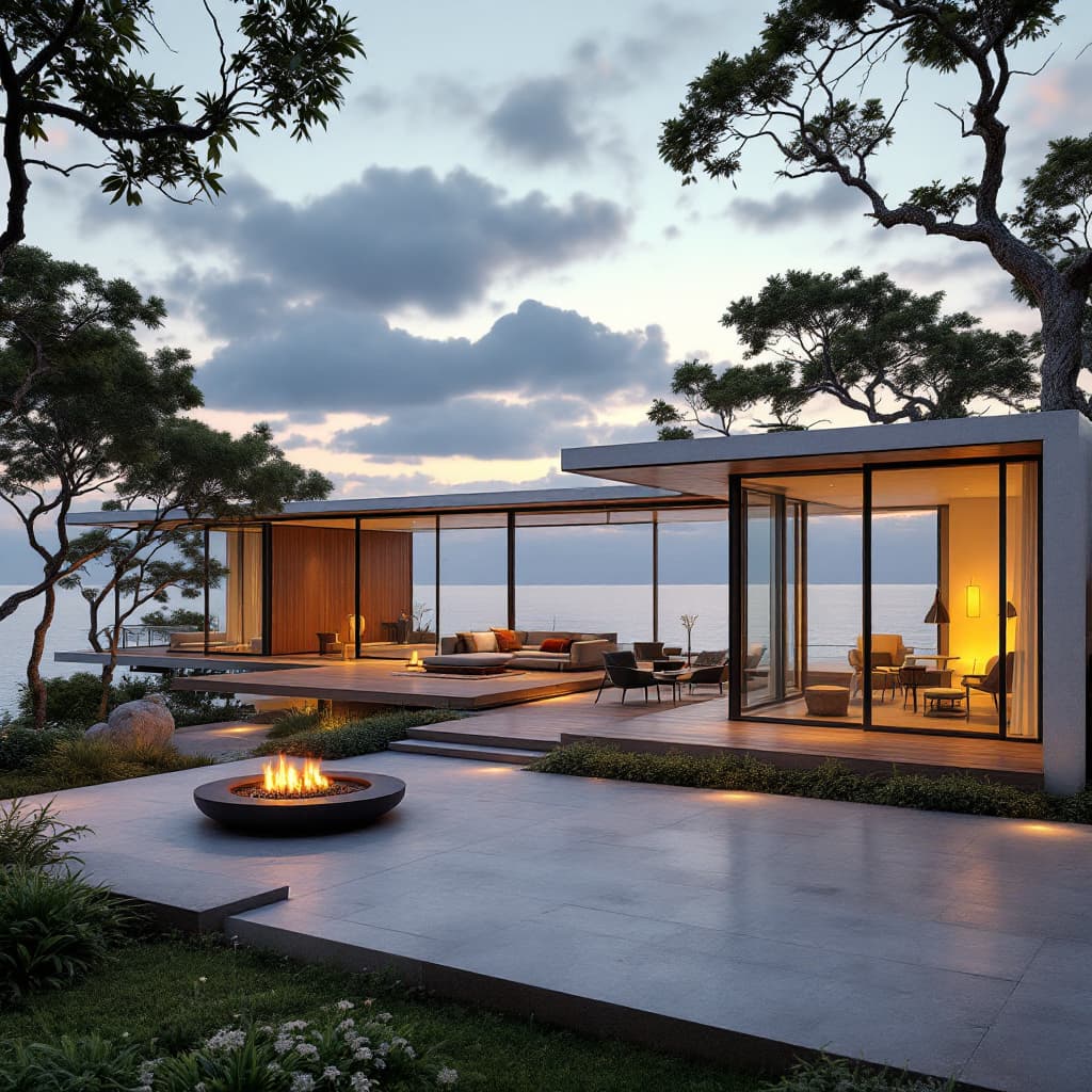 AI generated: Hyper realistic eye level exterior photo of a mid century modern style house overlooking the ocean, ...
