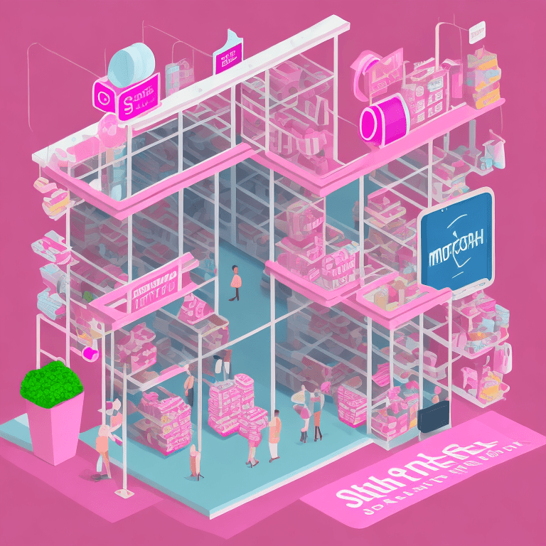 AI generated: Basket shop with small cardboard on the left, pink cell phone screen with 'shop', small shop vectors...