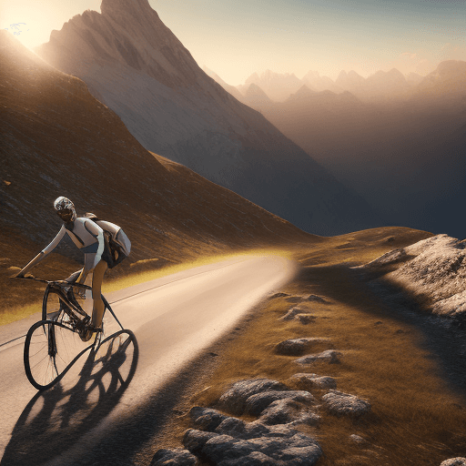 AI generated: Photo of a ultra realistic person on a bike riding in the alps, dramatic light, pale sunrise, cinema...