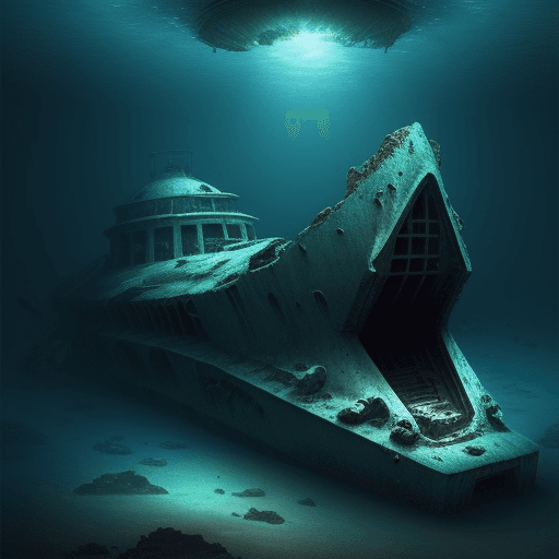 AI generated: an ancient Ufo Wreck underwater, very detailed and beautiful, mystique