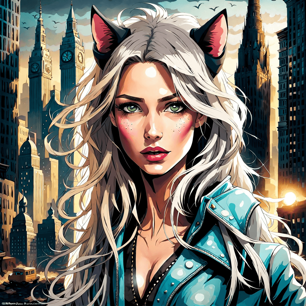 AI generated: A Retro NeonPunk poster of A truly amazing (((attractive futuristic feline female)), make up, red lu...