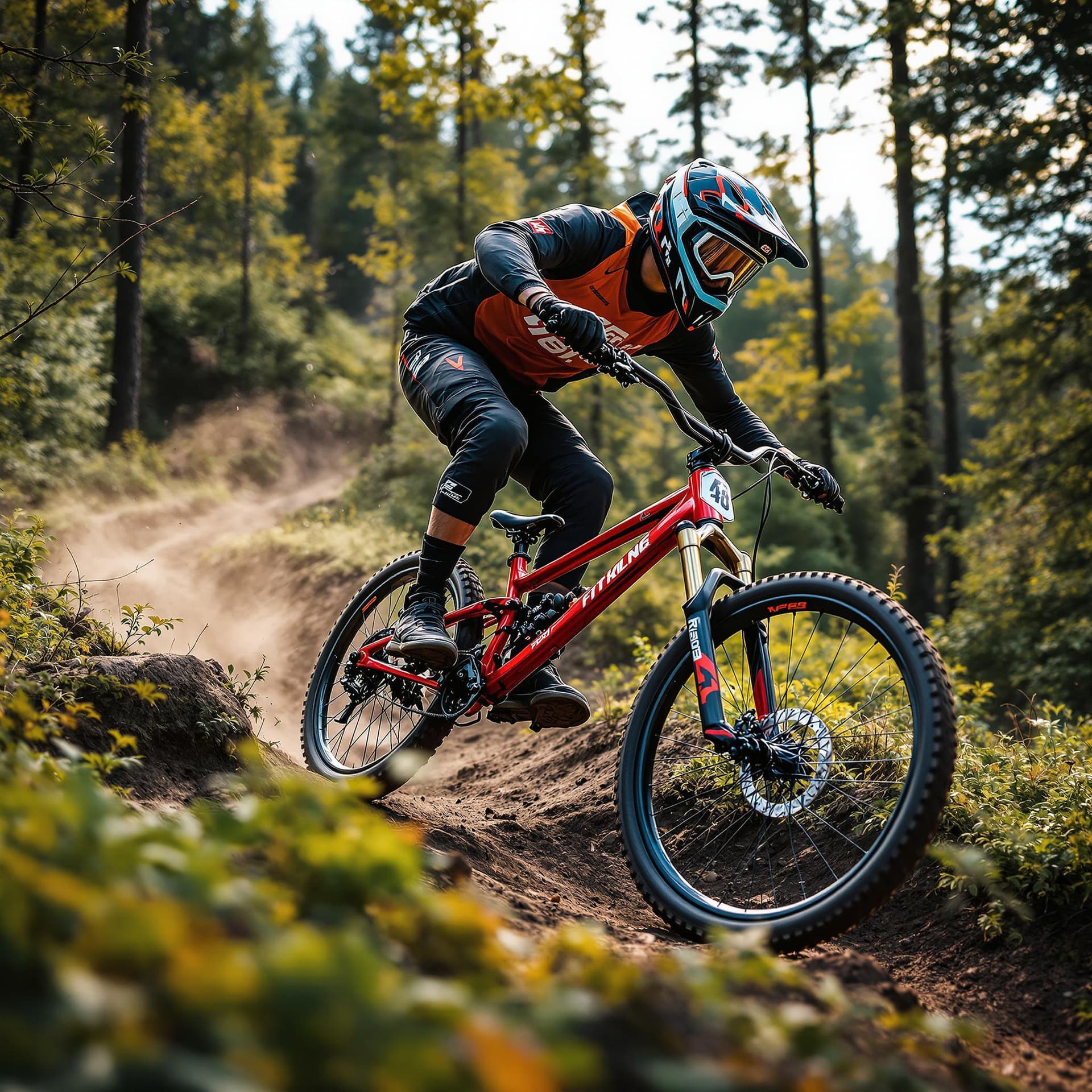 AI generated: photography, sports shooting, dynamic range, in mountain trail, dynamic motion with professional BMX...