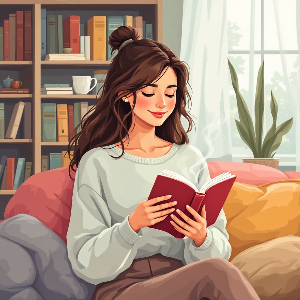AI generated: Create an illustration of a woman holding a cup of tea while reading a book, with a cozy bookshelf i...