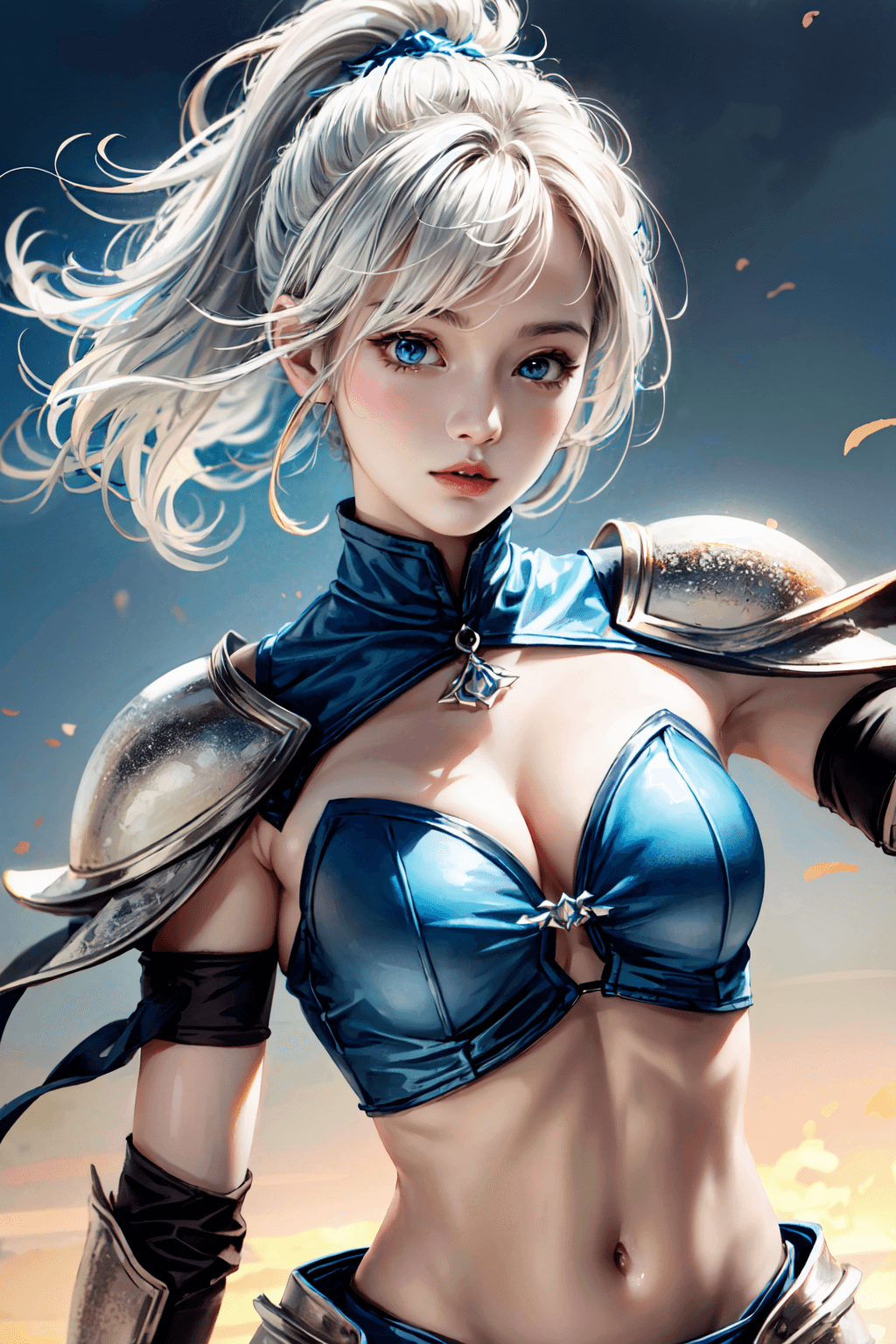 AI generated: white hair, intricate azure armor, detailed gorgeous face, beautiful young South Korean girl, medium...