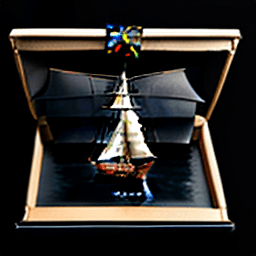 AI generated: Photo of a ultra realistic sailing ship, black gift box, open box 