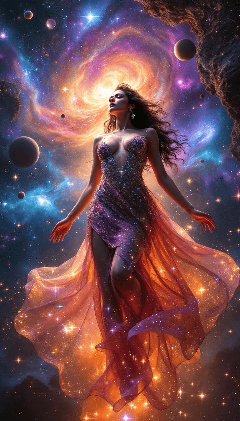 AI generated: Goddess dancing with the cosmos.