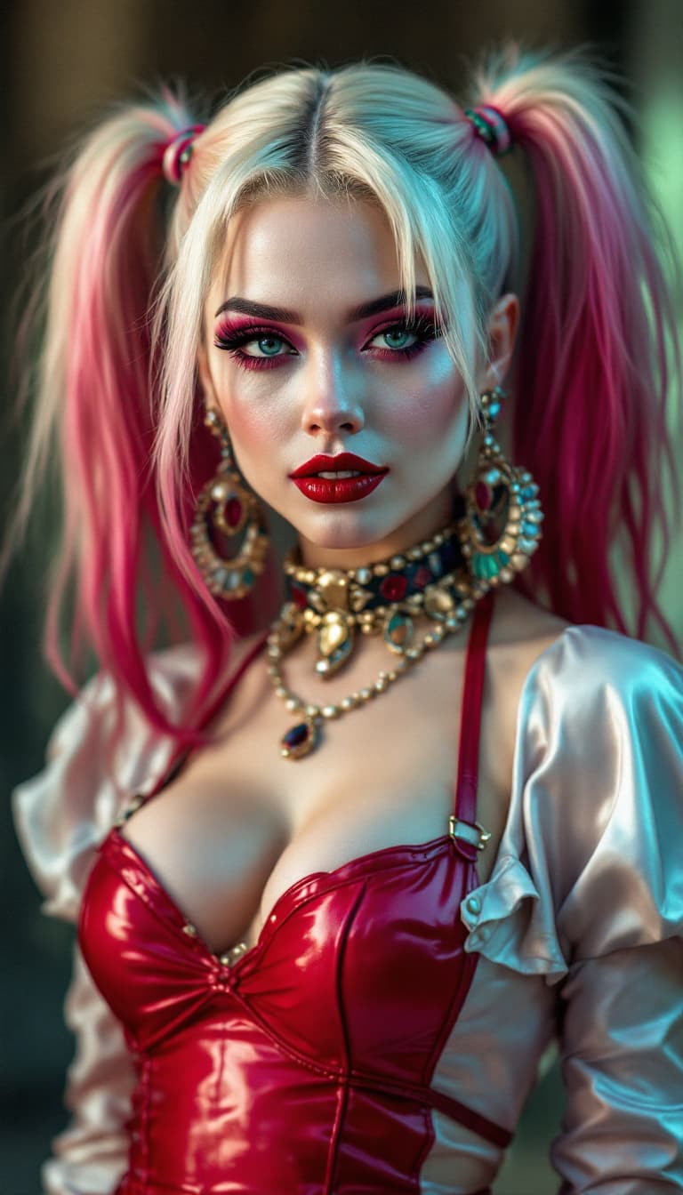AI generated:  photo realism fictional character harley quin dressed as a fashon model in a chic elegant fashion m...