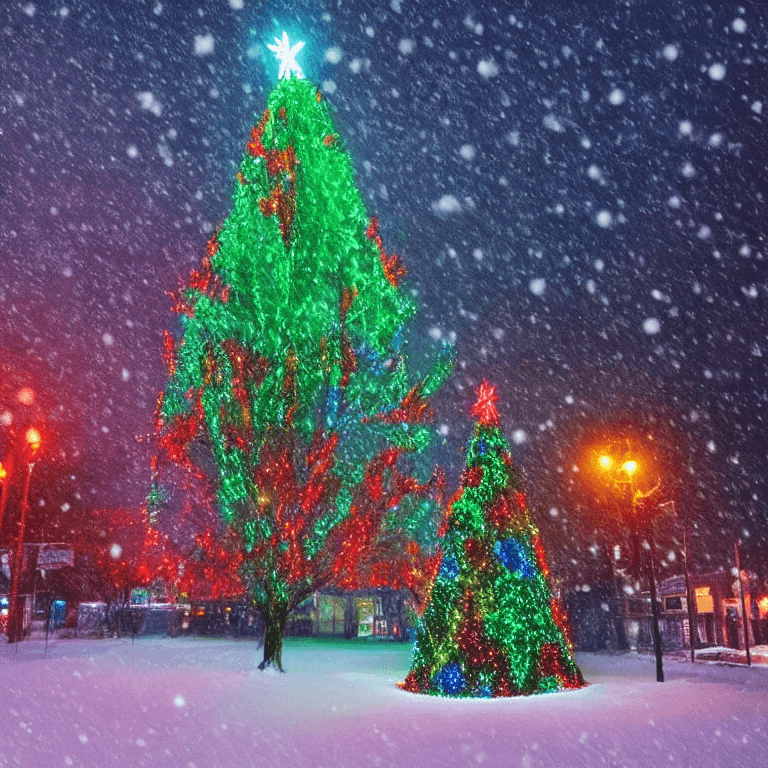 AI generated: Huge colorful Christmas Tree with tousands lights in a town with lot of snow in the style of Gregory...