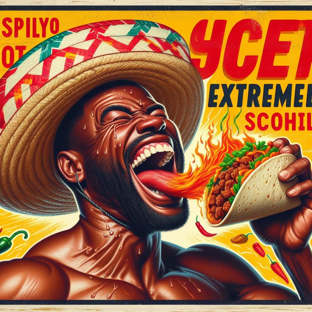 AI generated: A man joyfully munching on a very spicy, hot and big taco with a extremely high Scoville count, it m...