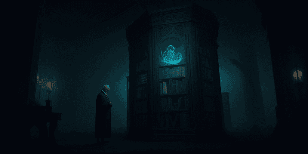 AI generated: old librarian exploring forbidden knowledge of the eldritch gods, highly detailed, ambient creepy li...