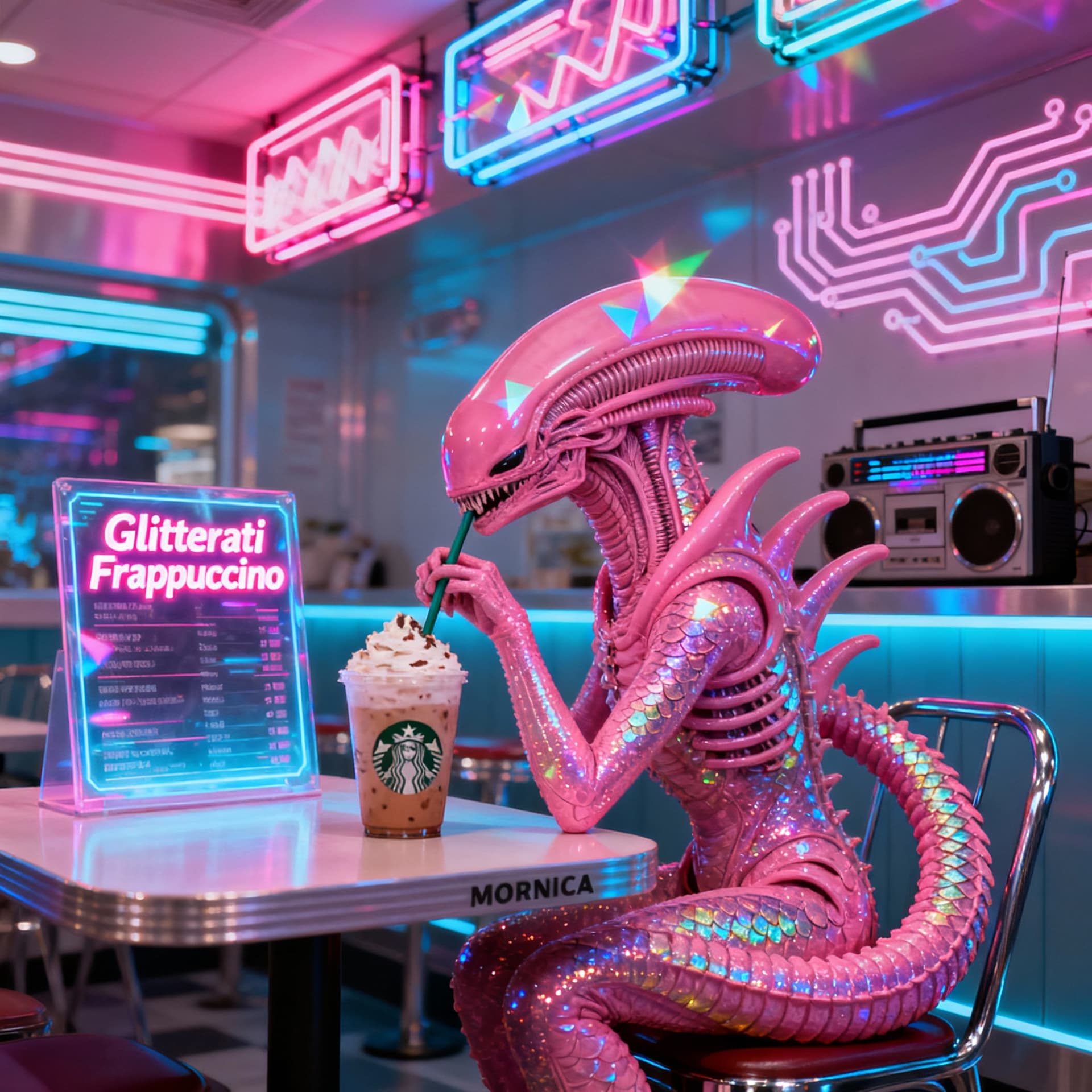 AI generated: Hyper realistic 80s photograph style of a pink whimsical glittery xenomorph drinking a frappucino in...