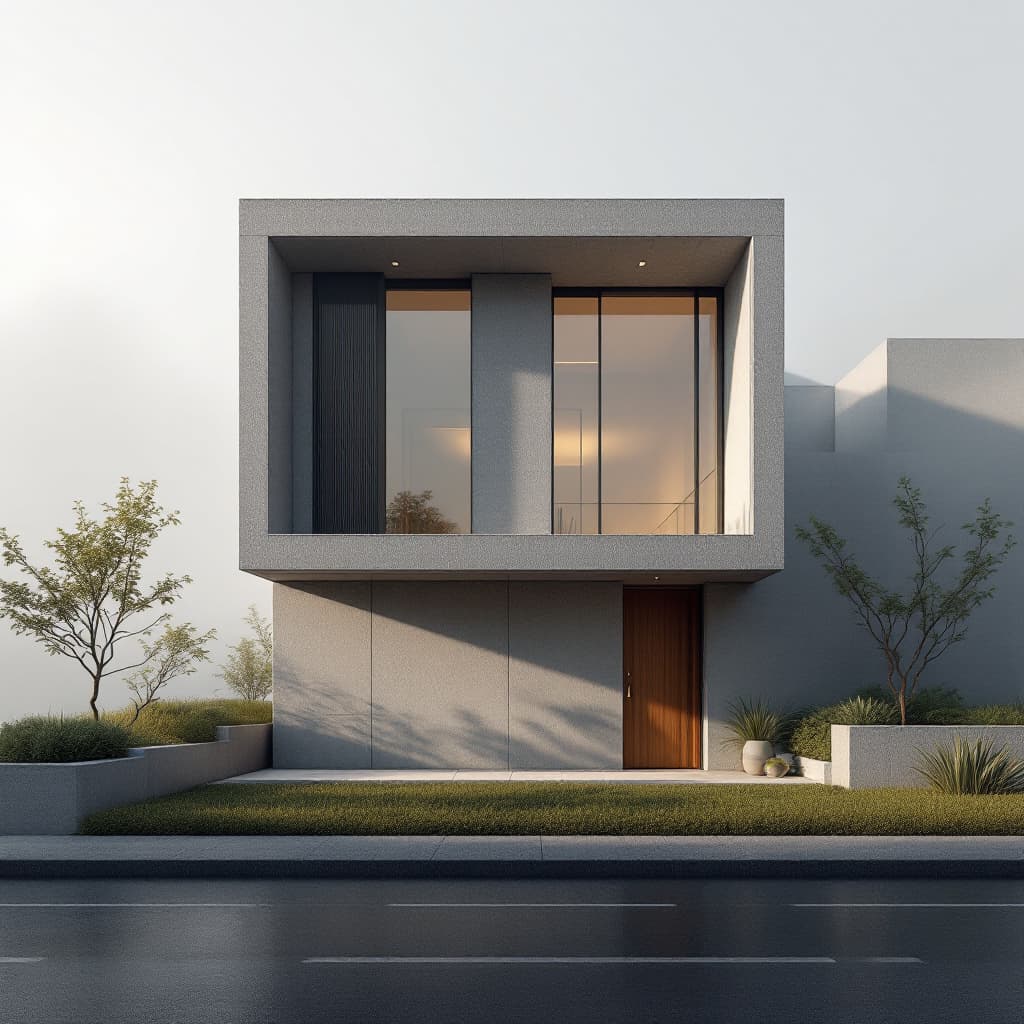 AI generated: photography, minimalist small building facade design, Canon EOS 5D Mark IV, depth of field that high...