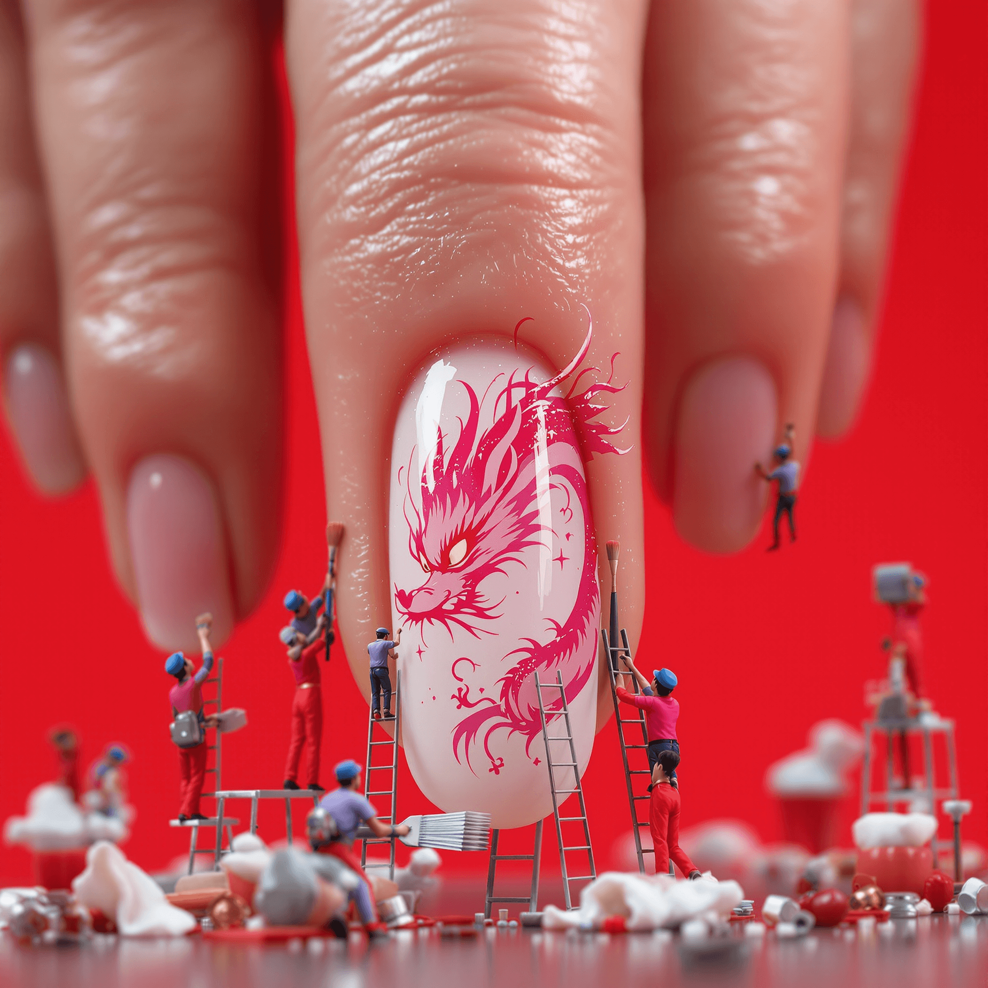 AI generated: Tiny miniature workers in uniforms are painting and drawing super cute ombre cute pink dragon on the...