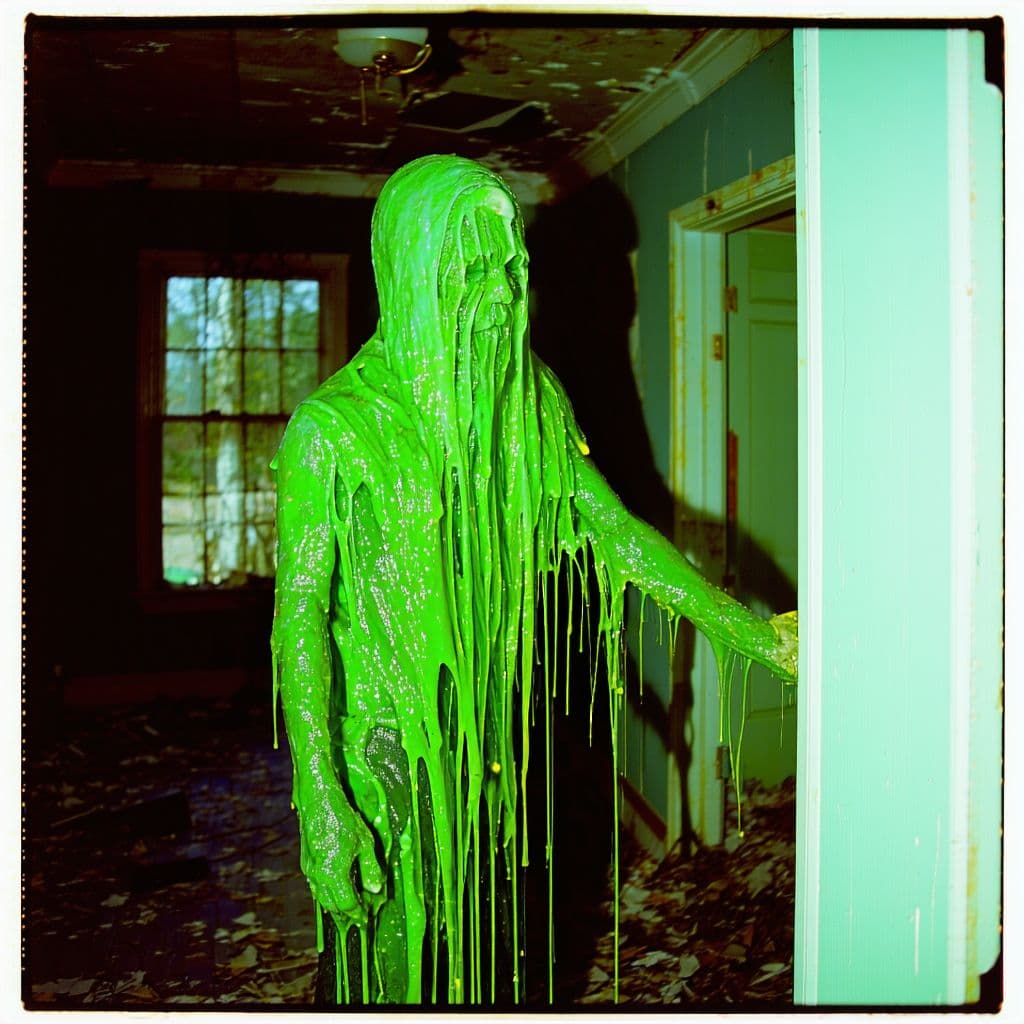 AI generated: grainy 80's photograph quality polaroid of king slime suicide caught in an abandoned house, dark