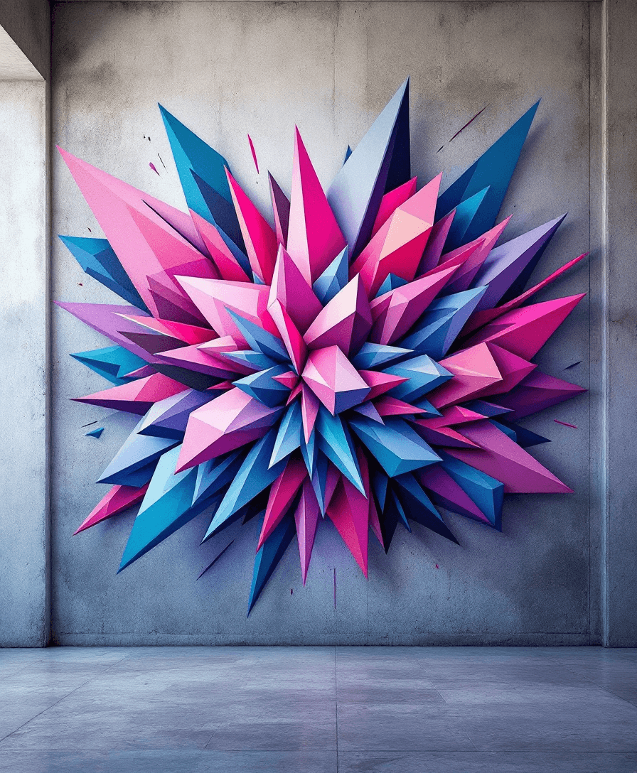 AI generated: A geometric graffiti mural on a raw concrete wall, featuring an explosion of sharp, polygonal shapes...