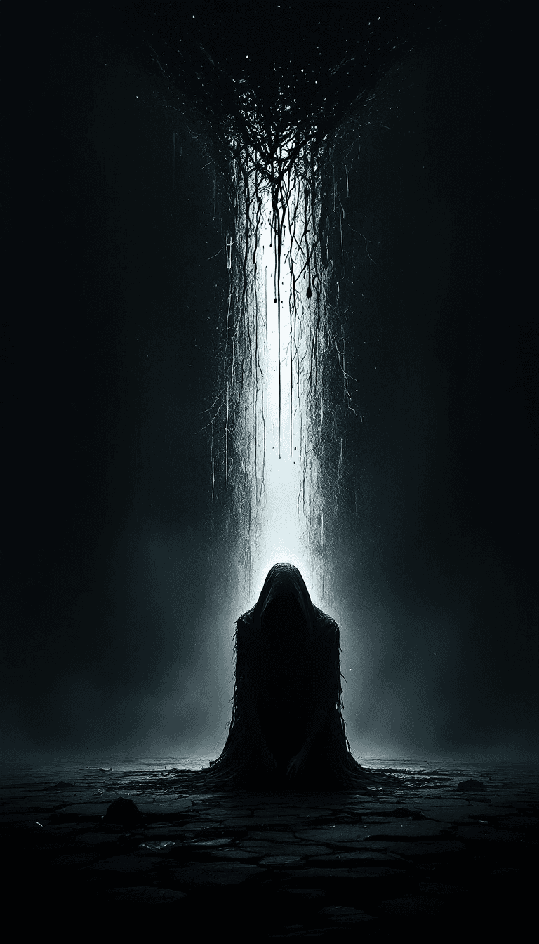 AI generated: alone in the darkness, broken, kneeling and looking down, full body, no face, (psychopathic:0.8) , b...