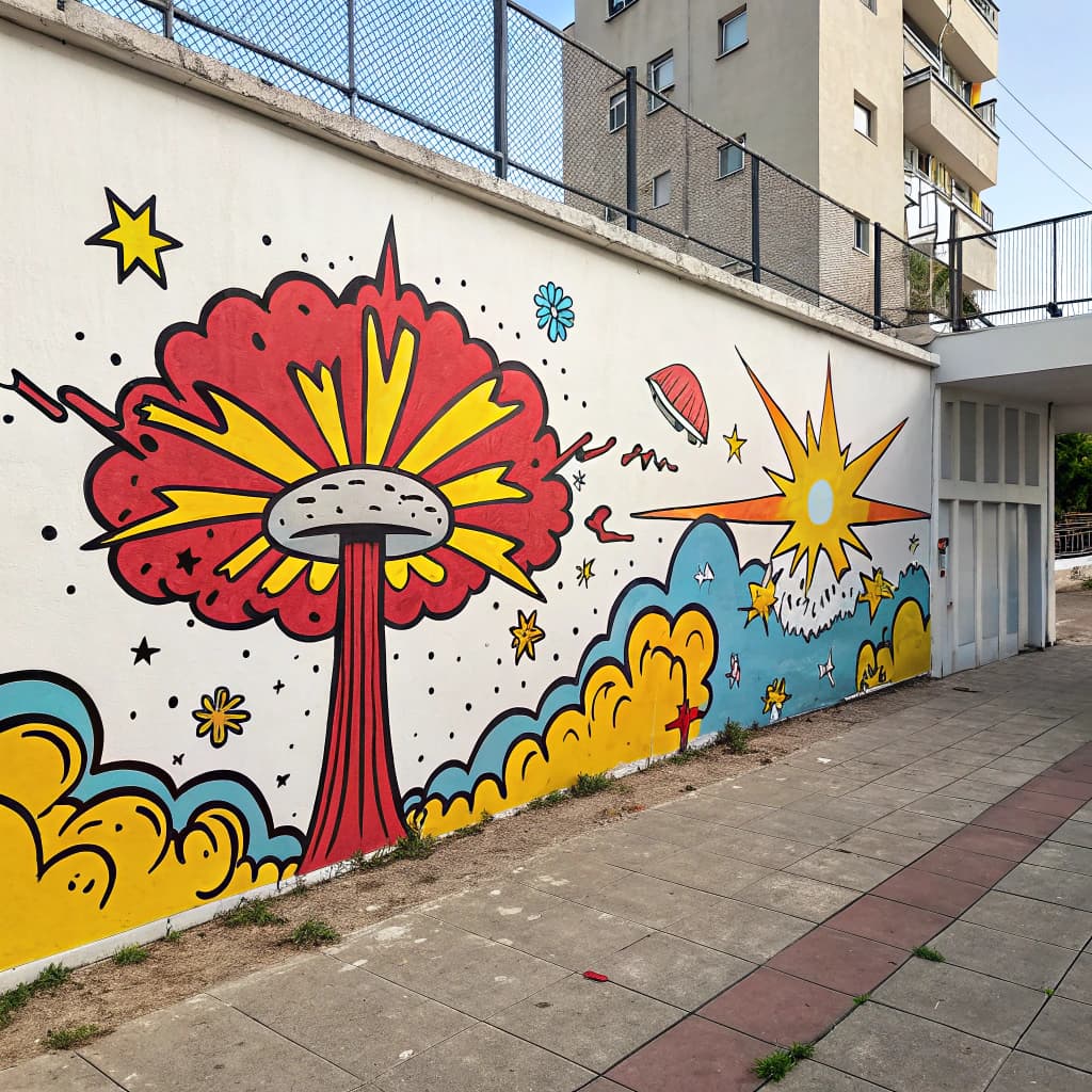 AI generated: A whimsical explosion of vibrant street art on a minimalist wall, where a cartoonish atomic bomb bla...