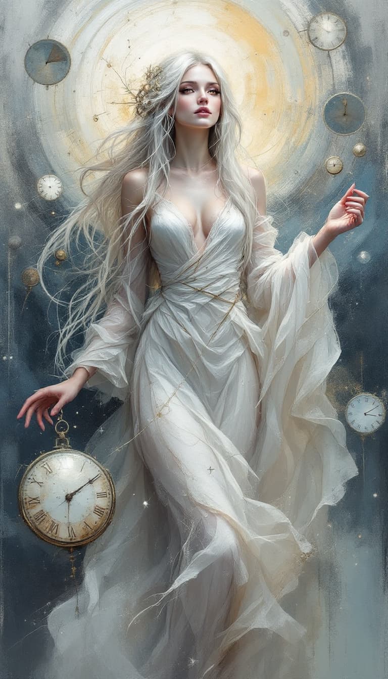AI generated: "Pearl Chronomancer in a Flow of Time": A compelling abstract painting features a chronomancer, with...