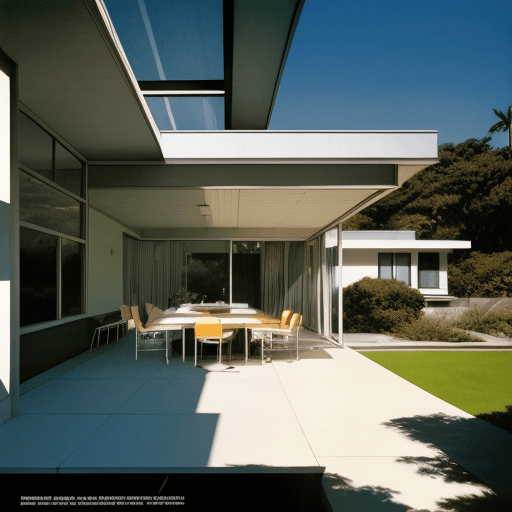 AI generated: Hyper realistic eye level exterior photo of a mid century modern style house overlooking the ocean, ...