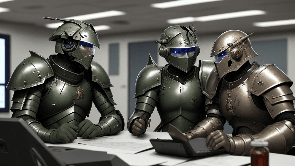 AI generated: Armoured warriors discussing in a lab, human eyes
