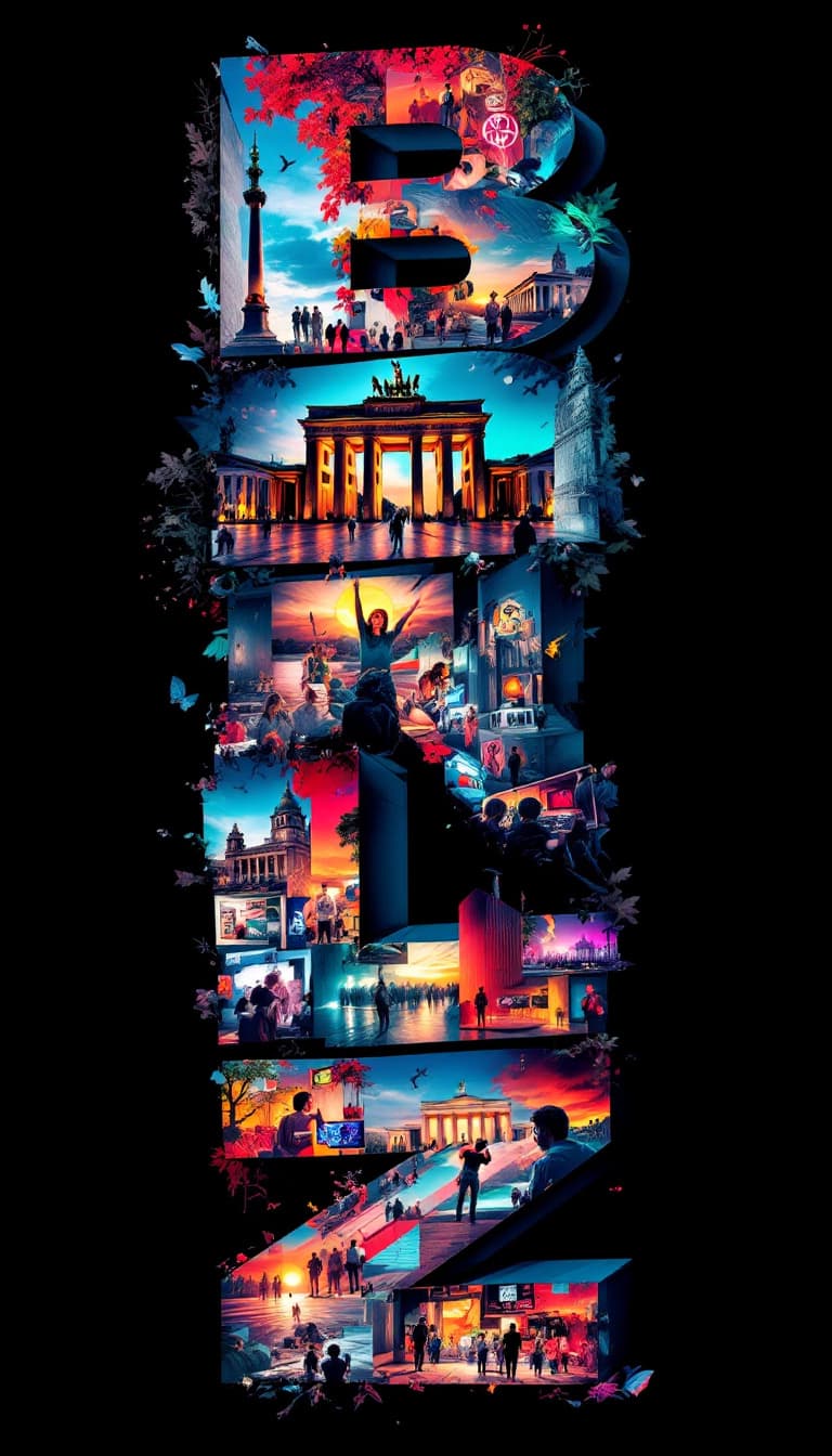 AI generated: A striking, high-contrast cinematic photo-style vertical collage that captures the essence of Berlin...