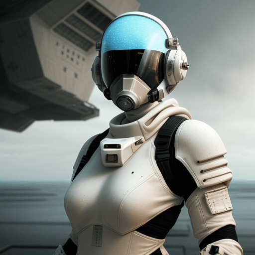 AI generated: armed female figure in white sci-fi spacesuit, on spaceport, sci-fi ship in the background, overcast...