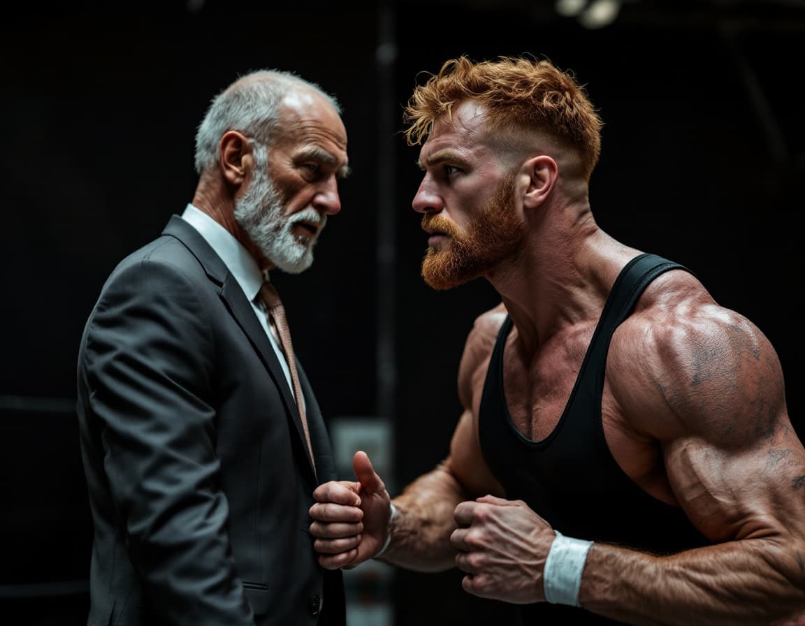 AI generated: high-resolution photo of a old man wearing suit and tie, spanking muscular, man with light red hair,...