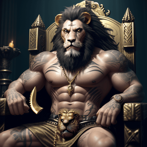 AI generated: hyper realistic, very muscular [lion, creature] with beard, gold necklaces and rings, sinister grin,...