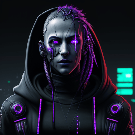 AI generated: Arafed man in hoodie with futuristic face, cyberpunk face, cyberpunk art style, cyberpunk hacker, cy...