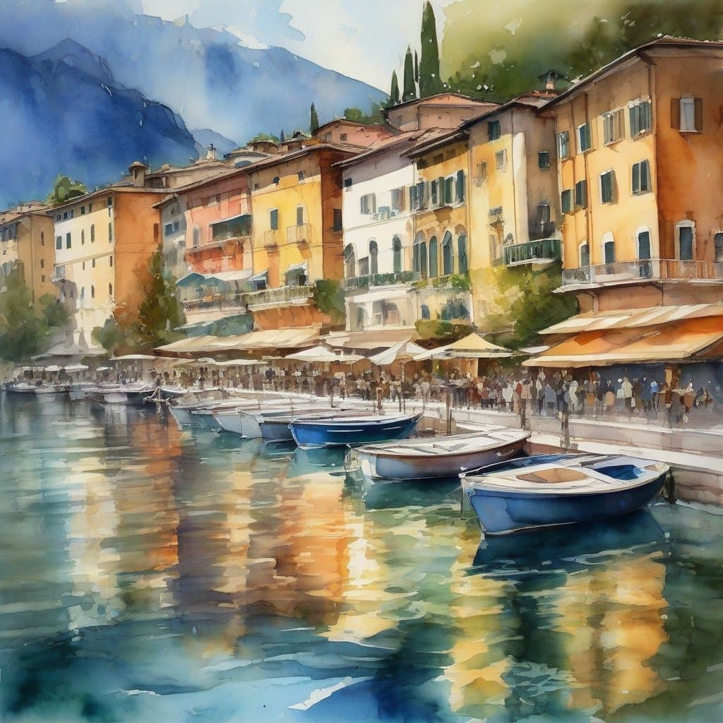 AI generated: Wide angle view of Riva del Garda, mediteranian italian harbor scene, wet paper, watercolor vignette...
