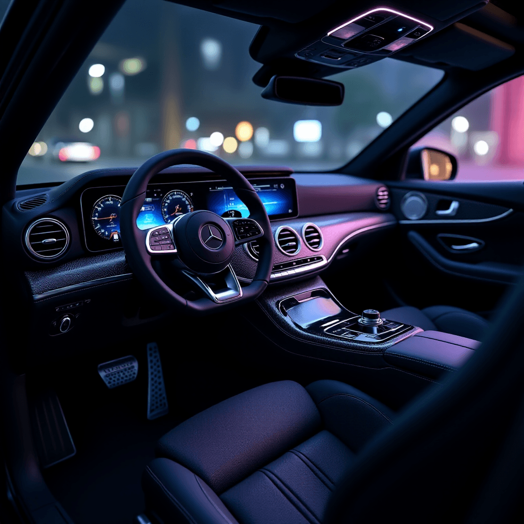 AI generated: (Ultra-detailed, photorealistic:1.3) A wide-angle view of a luxury SUVâs driver-side interior at n...
