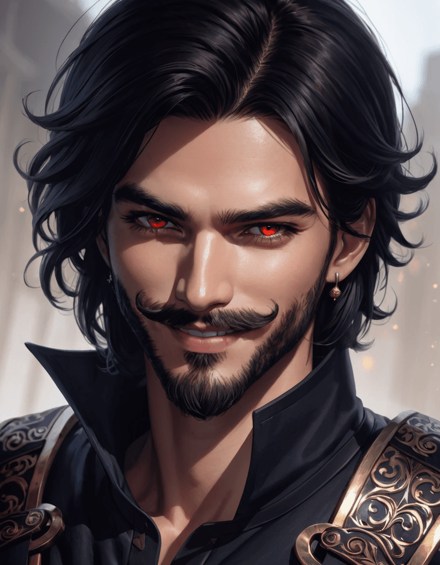 AI generated: solo, looking at viewer, smile, black hair, red eyes, 1boy, male focus, teeth, grin, facial hair, be...