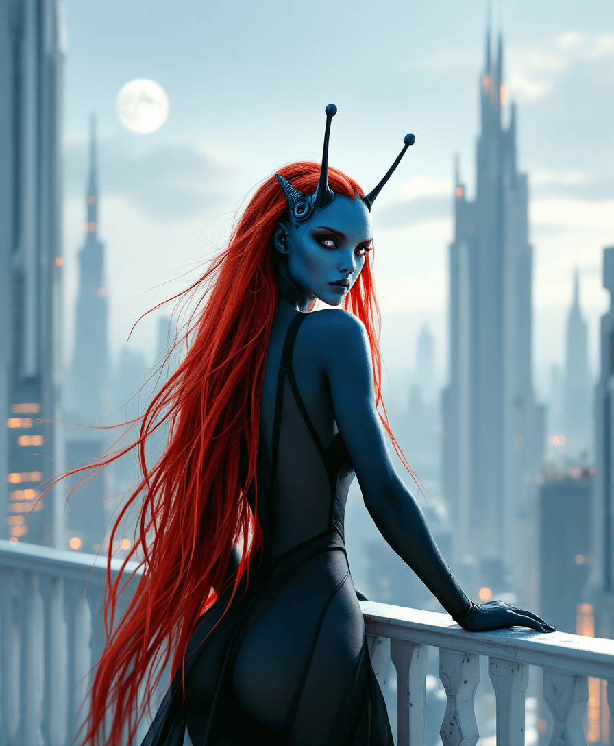 AI generated: An 8K, highly detailed photo masterpiece of a super beautiful, hot, dark blue skinned, female alien ...