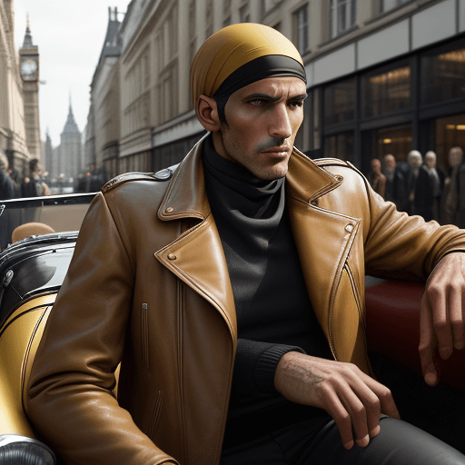 AI generated: Brown and yellow street photography of an attractive man in leather jacket with headscarf sitting in...