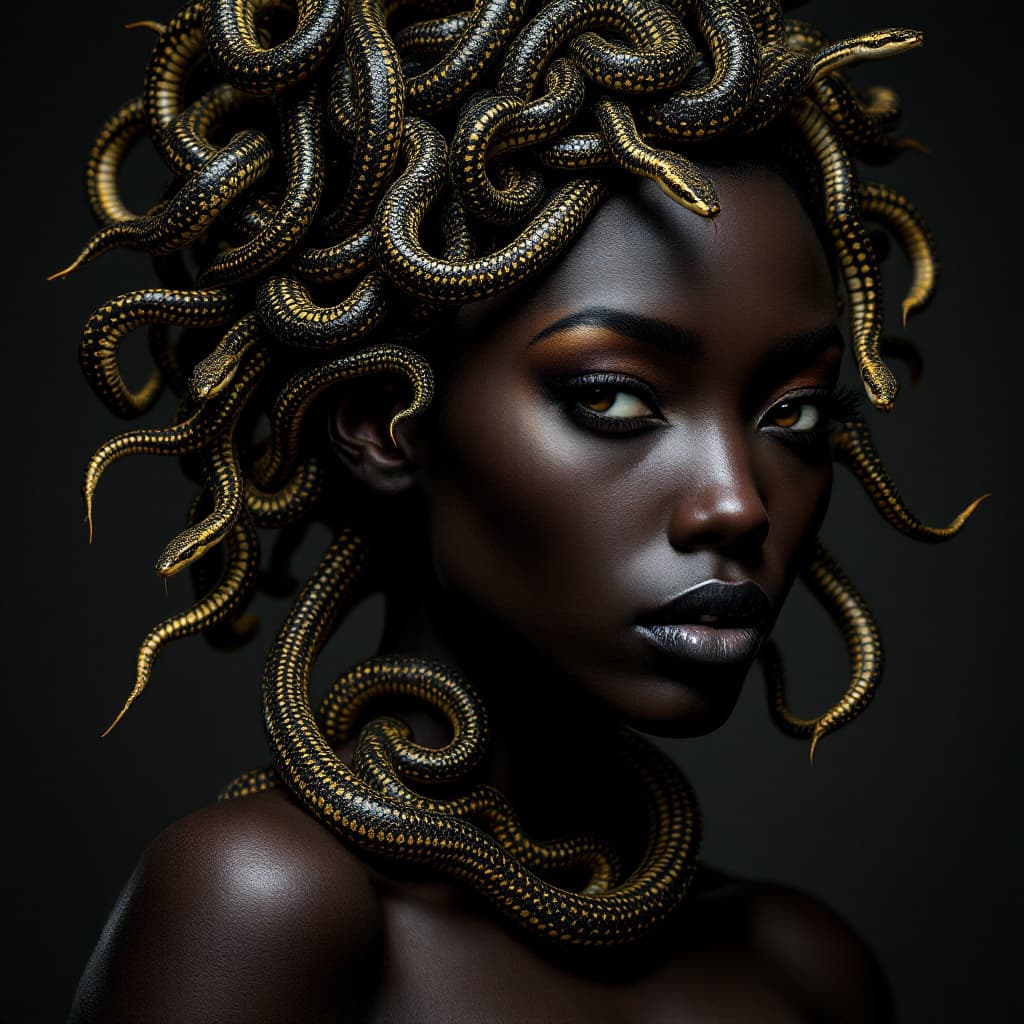 AI generated: A photorealistic portrait of stunningly beautiful black African   medusa woman, instead of hair she ...