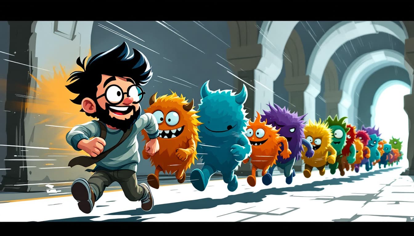 AI generated: "A cartoon-style boy running and looking back, with a humorous expression, laughing with a face of s...