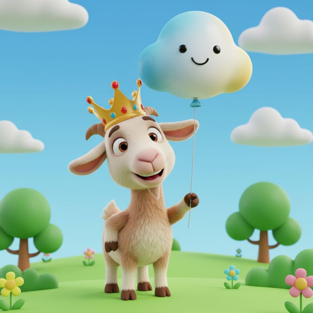 AI generated: “3D cartoon goat wearing a crown, holding a balloon in its mouth.”