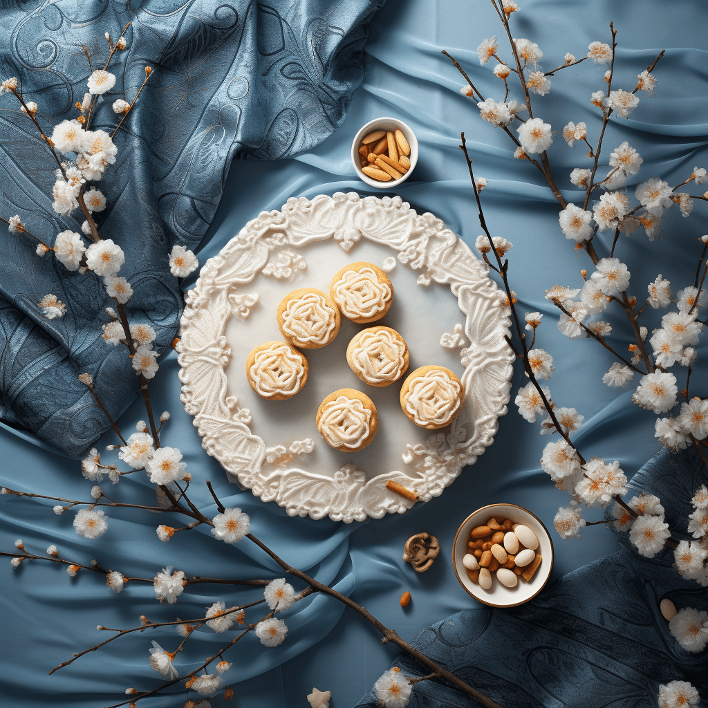 AI generated: knolling photography of chinese pastries,exquisite pastry shape,osmanthus decoration,peach blossom d...