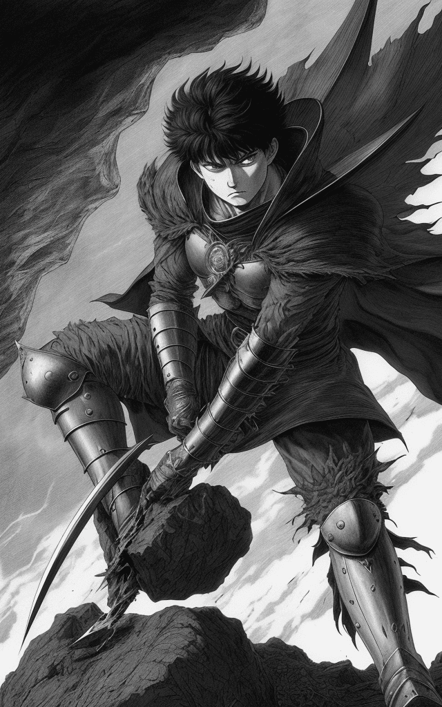 AI generated: monochrome, a man with big eyes, brown hair with tuft, in golden armor, badly injured, manga, ((with...