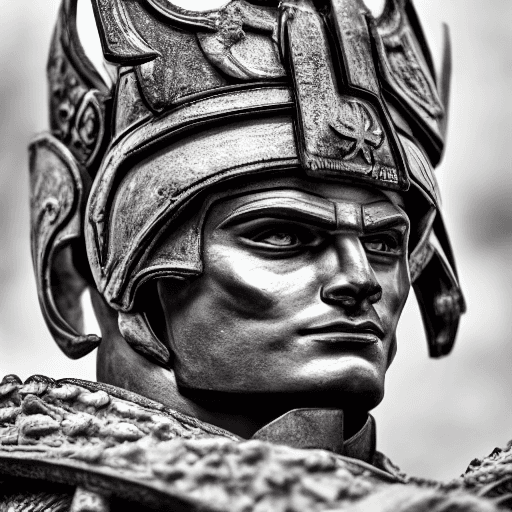 AI generated: Male spartan warrior in a battle ground, facing camera, finely detailed helm, armor, spear and shiel...