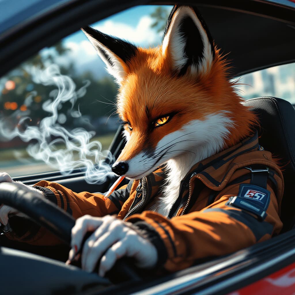 AI generated: a fox female driving a sport car , somking the smoking cigarettes anime style.