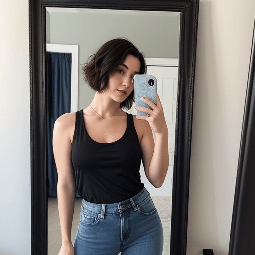 AI generated: a dark short haired beautiful pale girl takin a mirror selfie with a black tank top and blue jeans, ...