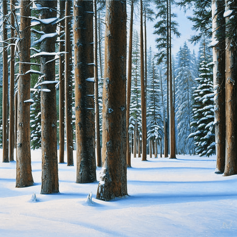 AI generated: photorealistic oil on canvas of some trees in some snow, shutterstock, Canadian scene painting, spru...