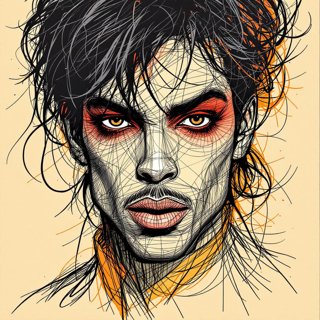 AI generated: a drawing of Prince famous singer face with a red eyeshadow, in the style of bold colorful lines, da...