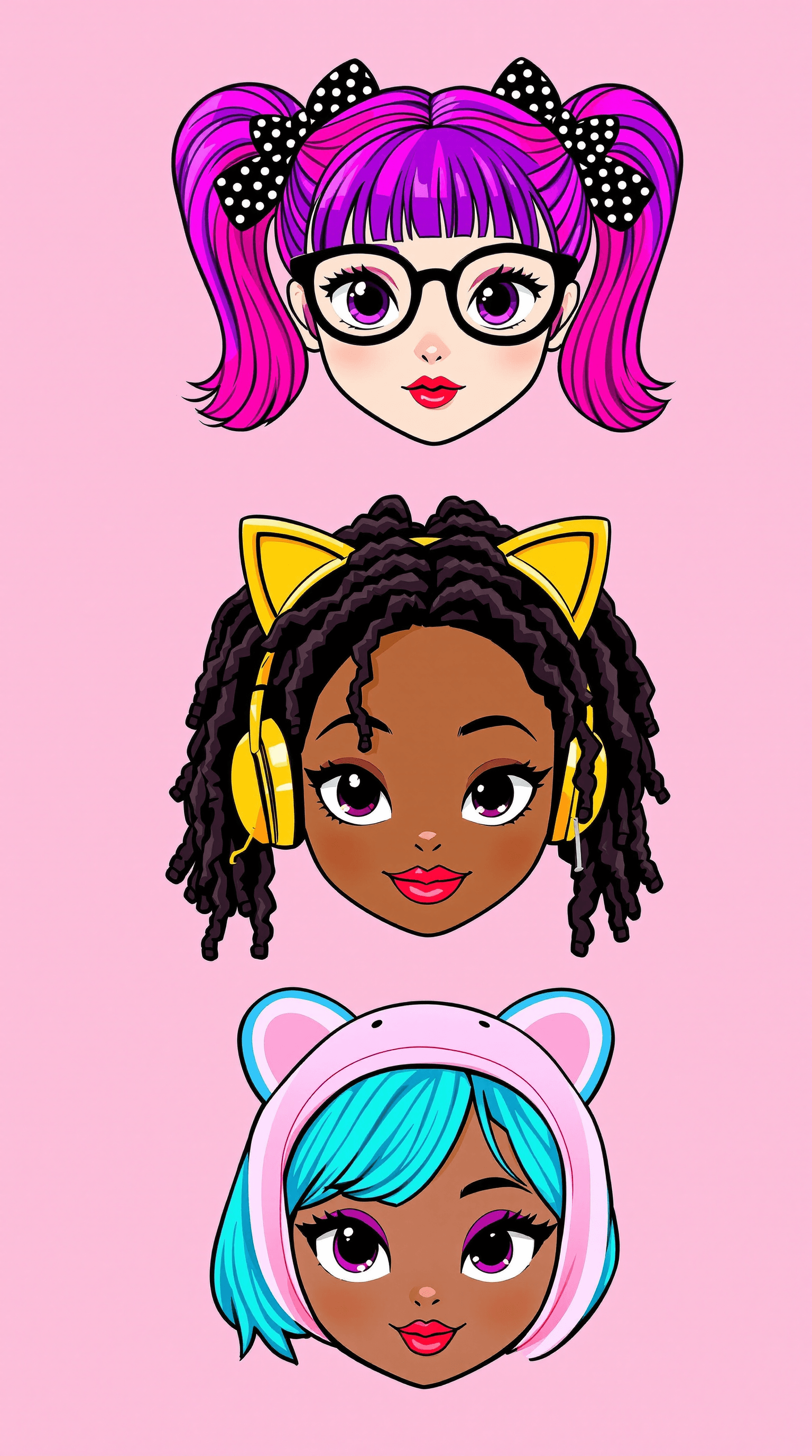 AI generated: 
Four stylized female portraits arranged vertically against a pale pink background.  Each character ...