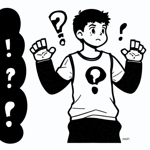 AI generated: A boy shrugging with their hands up. A speech bubble has a question mark in it.


