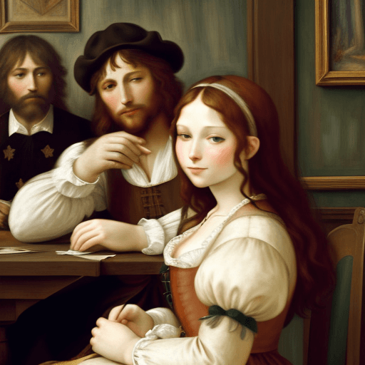 AI generated: Leonardo da Vinci and Renoir sit at the table in the French tavern, 4K, painted in the style of Reno...
